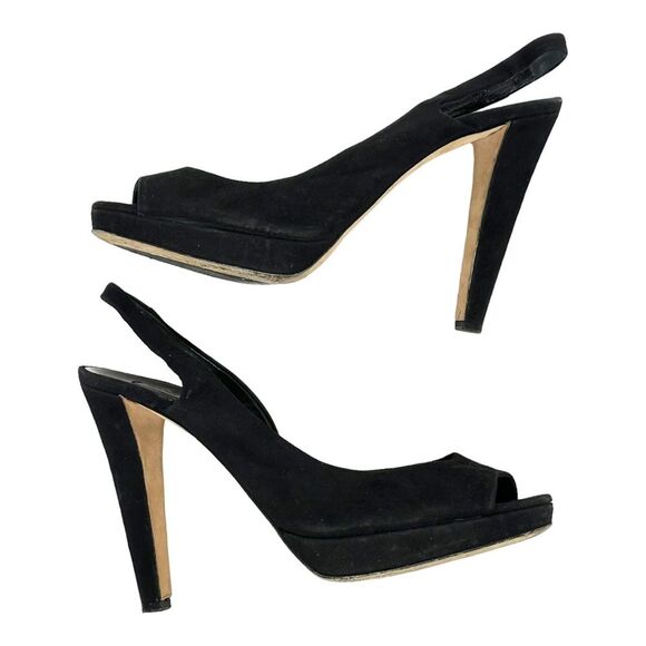 MIU MIU Black Suede Leather Platform Slingback Pumps Heels Peep Toe 40 10 - Picture 4 of 16
